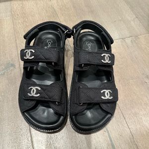 Black Chanel 22 Dad Sandals Crystal CC size 35